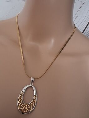 Lia Sophia Elegant Two-Tone Oval Filigree Pendant Necklace - Gold & Silver